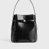 Belted croco-embossed bucket bag black