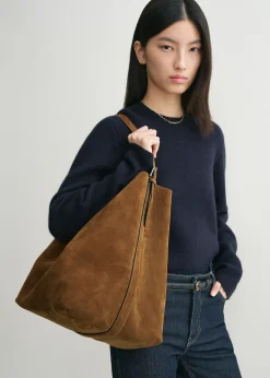 Belted suede tote tan