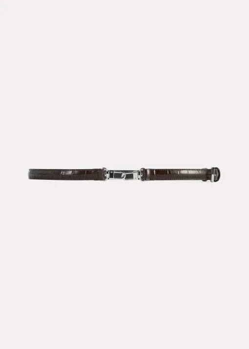 Double clasp leather belt dark brown croco