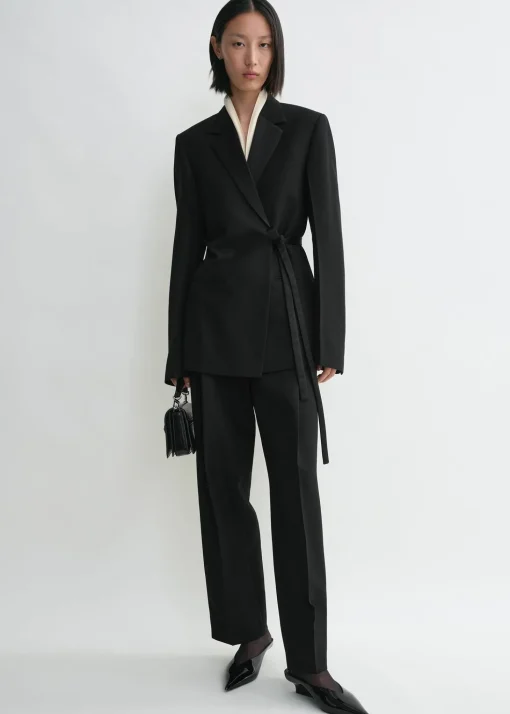 Satin-lapel wrap blazer black