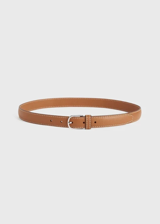 Slim grained-leather trouser belt tan