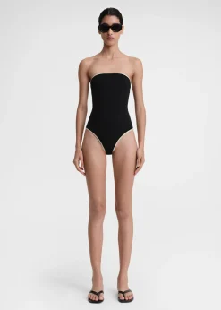 Stripe edge strapless swimsuit black