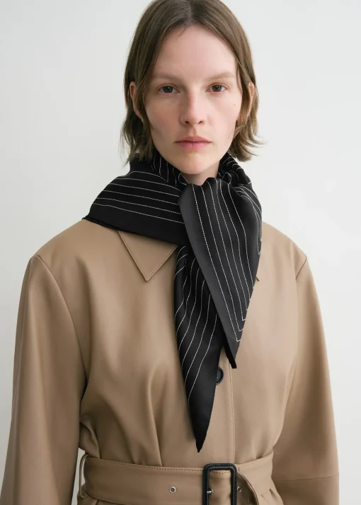 Striped embroidered monogram silk scarf black