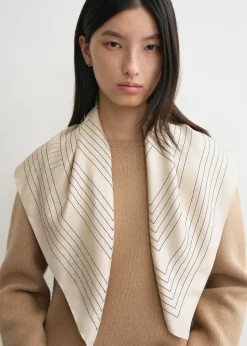 Striped embroidered monogram silk scarf creme