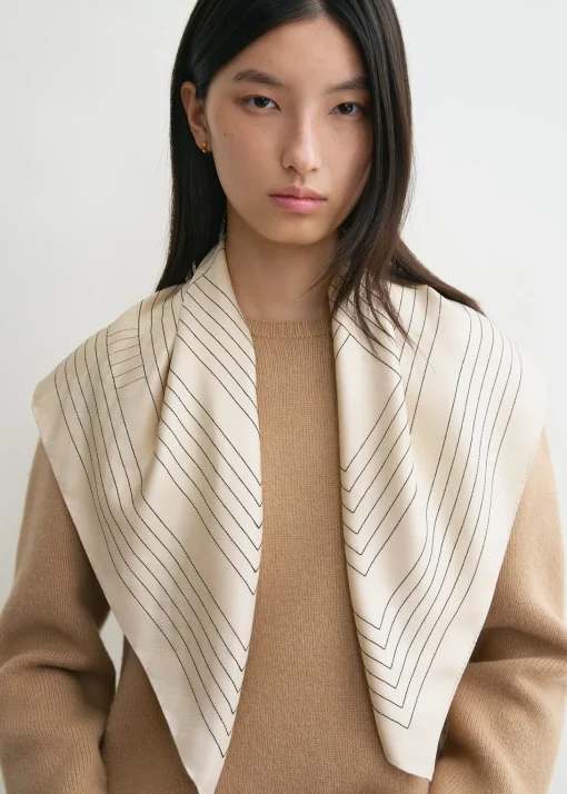 Striped embroidered monogram silk scarf creme