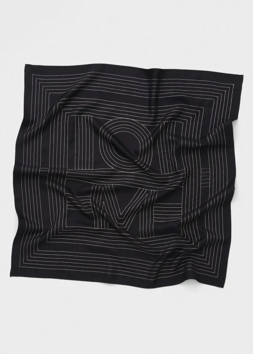 Striped embroidered monogram silk scarf black