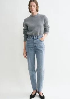 Tapered leg denim worn blue