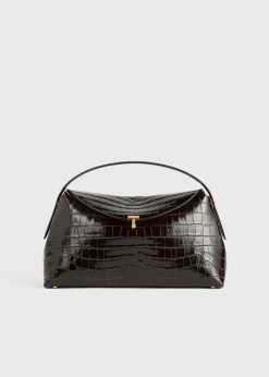 T-lock croco-embossed top handle dark brown