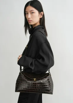 T-lock croco-embossed top handle dark brown