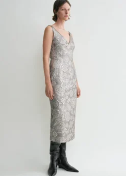 V-neck brocade dress silver